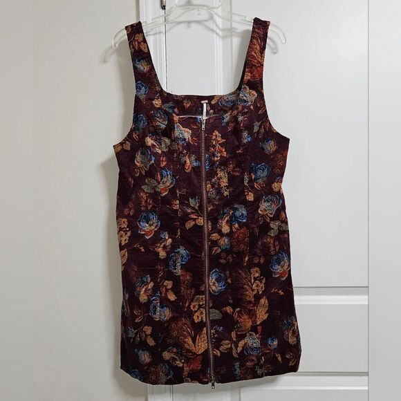 NWT Free People Dark Red Floral Corduroy Front Zip Mini Dress Women’s Size 12 - Picture 2 of 8